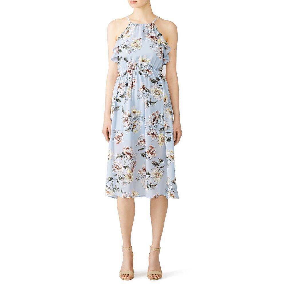 FLEURTINE Blue Floral Printed Cotton Halter Neckline Flutter Front Dress Size S